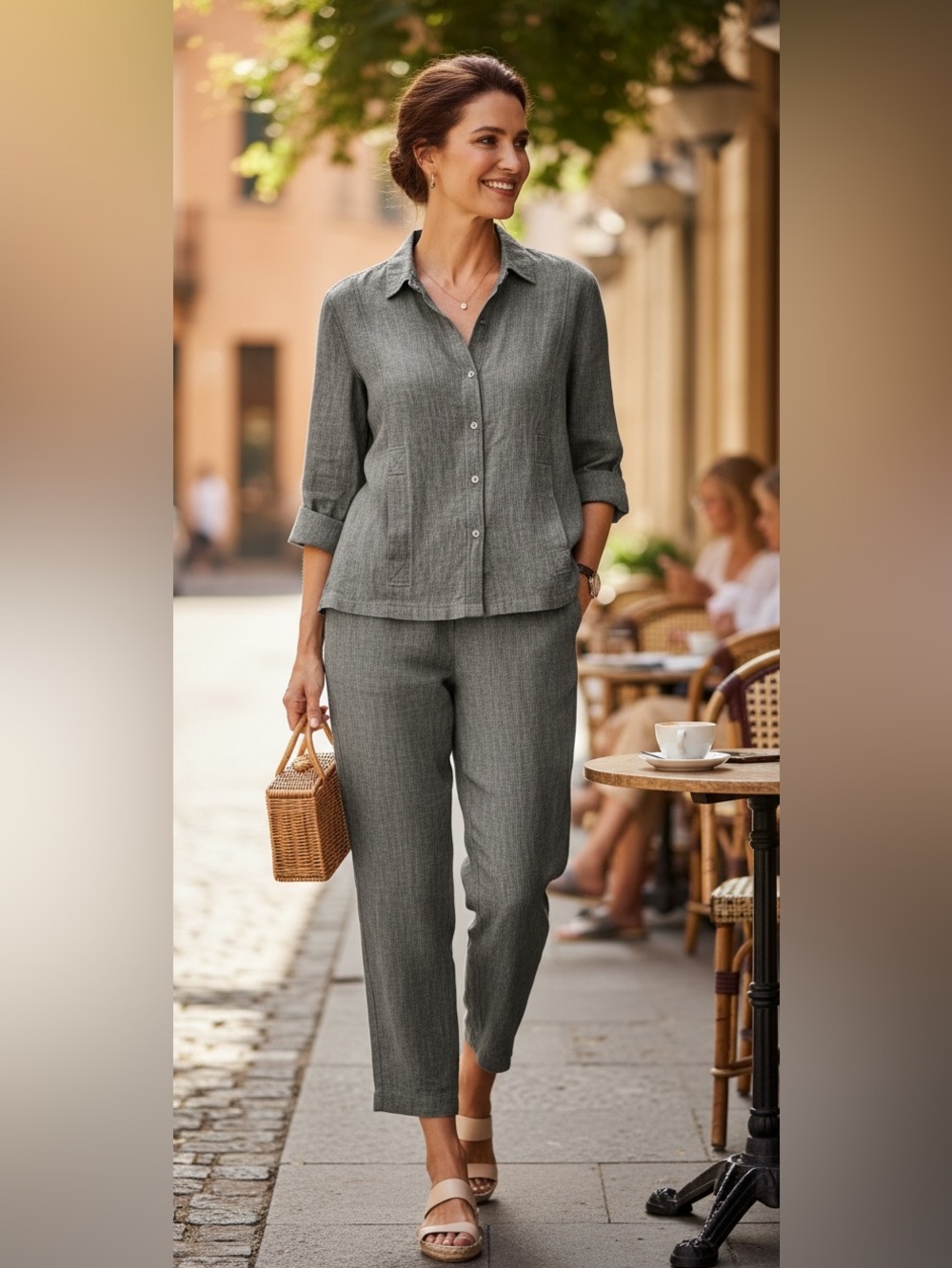 CHICOS Gray 100% Linen 2 Piece Pants & Top Set Snaps & Pockets size 12 Like New